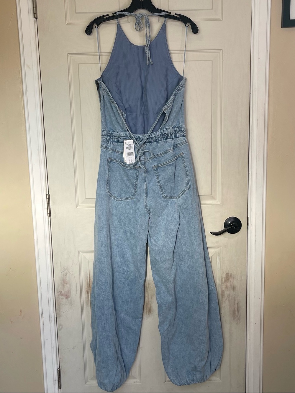 Abercrombie & Fitch High-Neck Linen-Blend Denim Balloon Leg Jumpsuit Sz Small - Picture 9 of 9